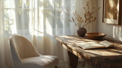 Wall Mural - Sunlit workspace with a rustic wooden desk, a textured chair, and dried flowers. A peaceful and inspiring atmosphere.