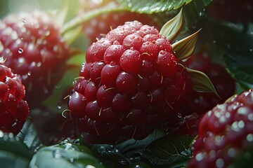 Poster - Close up of fresh, ripe red raspberries growing on a bush, covered in glistening water droplets, illuminated by sunlight