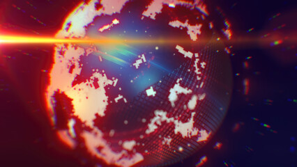 Fototapete - A digital representation of Earth in vibrant red and orange hues with pixelated textures, radiating energy and symbolizing technological advancement background