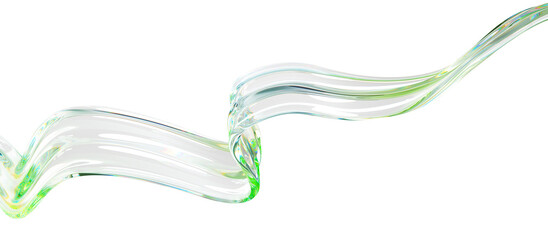 Poster - 3d abstract liquid glass clear ribbon wave line isolated on transparent background render. Water fluid flow curve shape with holographic green blue gradient texture, dispersion light. 3D illustration