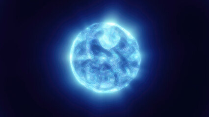 Poster - A glowing blue sphere with fluid textures, appearing as an abstract cosmic orbi in deep space