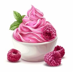 Poster - Delicious pink raspberry ice cream in a white bowl, decorated with fresh raspberries and mint, creating a refreshing summer treat