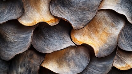 Aufkleber - Close-up of overlapping, textured, dark gray and tan, dried petals or scales with subtle lighting.