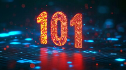 Glowing Digital Number 101 on a Futuristic Technological Background, with a Network Data Stream