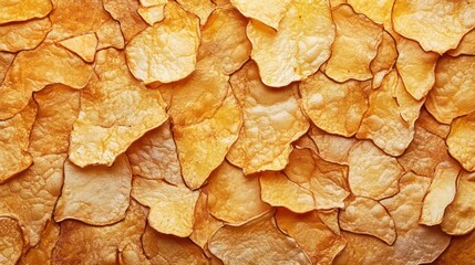 Aufkleber - Close-up of many crispy, golden-brown potato chips, forming a textured background.