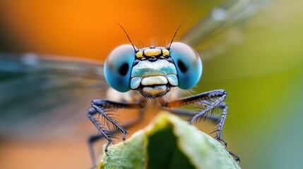Poster - Close-up of a vibrant dragonfly resting on a leaf in a colorful garden during late afternoon hours