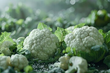 Poster - Fresh cauliflower heads with green leaves lie on a surface, creating a display of healthy, natural food