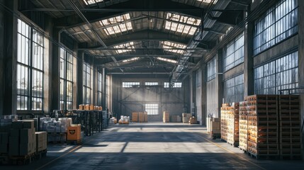 Poster - A large warehouse with many boxes stacked on top of each other