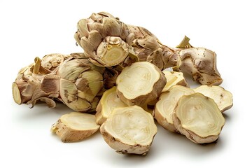 Poster - Artichoke roots with slices isolated on white background. Showing stems and cross sections of cynara cardunculus, demonstrating its unique texture and color