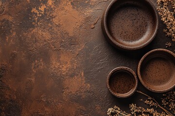 Poster - Modern clay background with handcrafted dishes and organic textures for creative design inspiration