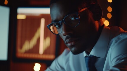 Poster - Focused young man analyzing data at night in a dimly lit room with glowing screens and charts