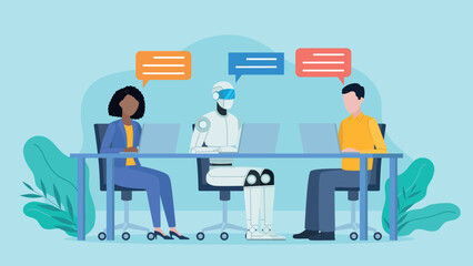 employees sit at a desk with an ai robot and work on laptops. it runs a conversation and there are c