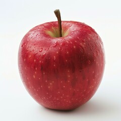 Poster - Studio shot of a glistening red apple, speckled with tiny water droplets, showcasing its freshness against a clean white backdrop