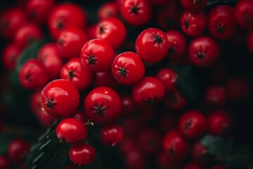 Poster - Close up of vibrant red berries clinging to a branch, creating a colorful natural backdrop