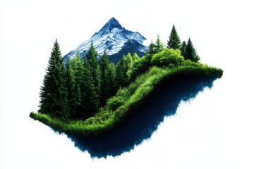 Poster - A vibrant landscape featuring a majestic mountain, lush greenery, and a reflective body of water, creating a serene and picturesque natural scene.