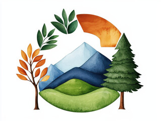 Poster - A colorful watercolor illustration featuring mountains, trees, and leaves, representing the beauty of nature and the environment.
