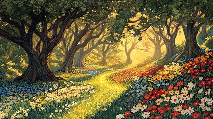 Wall Mural - A serene forest pathway adorned with vibrant wildflowers under a gentle, golden light. This enchanting scene features tall, textured trees with twisting branches, creating a whimsical atmosphere. The 
