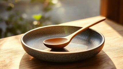 A single, elegantly sculpted wooden spoon resting on a handmade ceramic plate, with warm and natural lighting