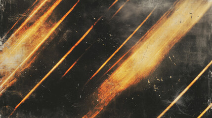 Aufkleber - Abstract dark background with streaks of warm golden-orange light creating dynamic movement and depth. The vintage, film-like texture includes visible scratches and smudges, with converging light patt