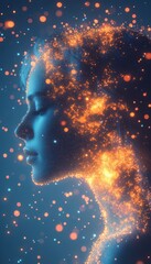 Poster - Cosmic Portrait Woman s Profile Composed of Fiery Light Particles for Stock Image Download