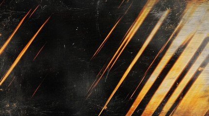 Aufkleber - Abstract dark background with streaks of warm golden-orange light creating dynamic movement and depth. The vintage, film-like texture includes visible scratches and smudges, with converging light patt