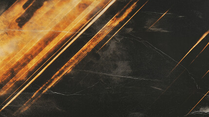 Poster - Abstract dark background with streaks of warm golden-orange light creating dynamic movement and depth. The vintage, film-like texture includes visible scratches and smudges, with converging light patt