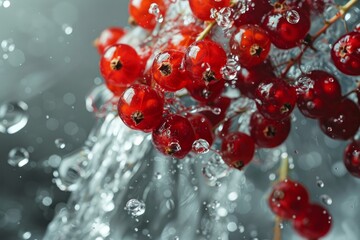 Poster - Fresh red currants are being washed under running water, creating a refreshing splash