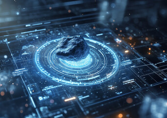 Poster - Holographic interface displaying asteroid tracking data