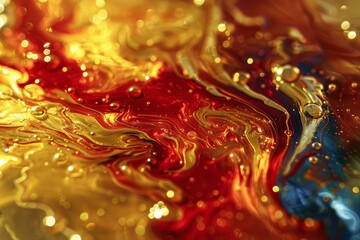 Aufkleber - Fluid acrylic painting creating a mesmerizing mix of red, gold, and blue with bubbles