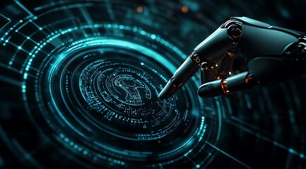 Aufkleber - robotic hand interacts with a futuristic interface displaying a brain symbol, representing ai and te