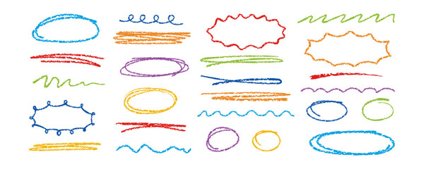 Poster - Colorful set of hand drawn crayon scribbles, lines, and oval frames. Wavy zigzag, stroke. Child drawing doodles collection. Elements for children creative design
