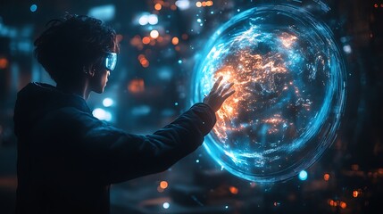 Aufkleber - person in futuristic goggles interacts with a glowing digital globe.