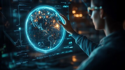 Aufkleber - person interacts with a holographic earth displaying global network data on a futuristic screen.
