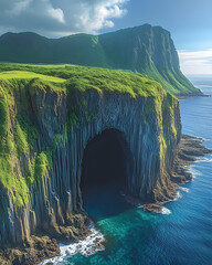 Wall Mural - Lush green cliff with sea cave and mountain.