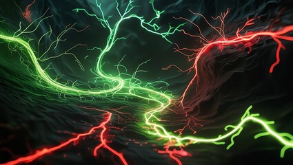 Poster - Abstract glowing energy waves with lightning and smoke in a dark space