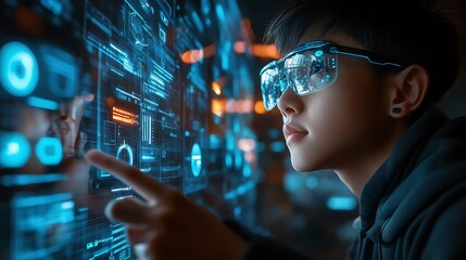 Aufkleber - teenager wearing futuristic glasses interacts with a holographic interface, navigating complex data 