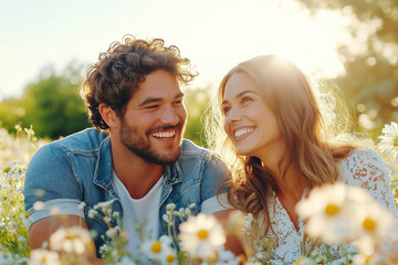 a man and woman are sitting in a field of flowers, smiling