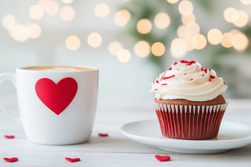 Wall Mural - A cupcake with red frosting and a heart on the side of a white mug