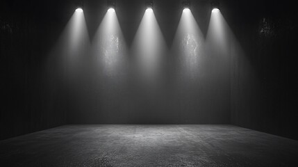 Poster - Dark room with four spotlights illuminating empty floor.