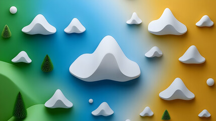 Abstract landscape; stylized mountains, clouds, trees; vibrant color gradient background; ideal for website backgrounds or design elements