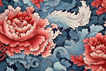 Poster - seamless floral pattern featuring red peonies and stylized blue and white leaves creating an elegant