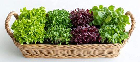 Wall Mural - Basket of Fresh Microgreens Red Mustard, Green Mizuna, Red Veined Sorrel, and Cilantro Microgreens