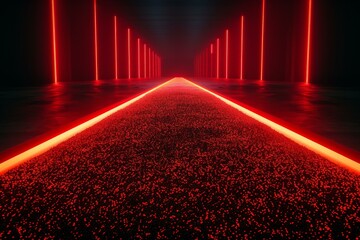 Poster - Glowing red neon lights illuminating a dark futuristic corridor with perspective and vanishing point