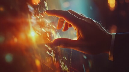 Poster - business meeting, man's hands pointing on charts. reflection light and flare. concept image of data 