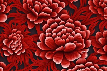 Poster - Red peonies blooming create an elegant floral pattern on a dark background, adding a touch of sophistication and charm
