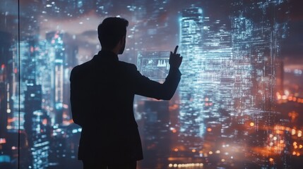 Poster - businessman silhouette with business report hologram on city background. business and financial succ