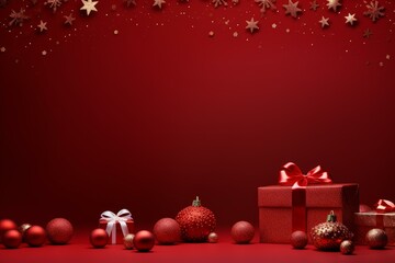 Poster - Festive christmas background with red and gold decorations, gift boxes and baubles framing copy space on a red backdrop