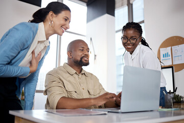 Poster - Happy, business people or laptop in meeting for project funding approval, teamwork or support. Graphs, finance or budget analysts planning in startup for online investment, revenue growth or profit