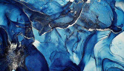 Poster - deep blue fluid ink texture with abstract marble like patterns and shimmering white details, ideal for modern wall art, backgrounds, and digital designs