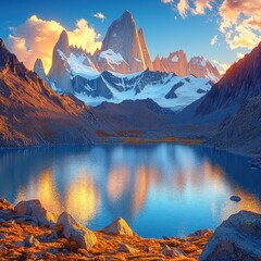 Canvas Print - Stunning Patagonia Landscape Reflecting Mountains and Sky in Serene Lake with Vibrant Colors and Majestic Mount Fitz Roy at Sunrise in Argentinian Andes